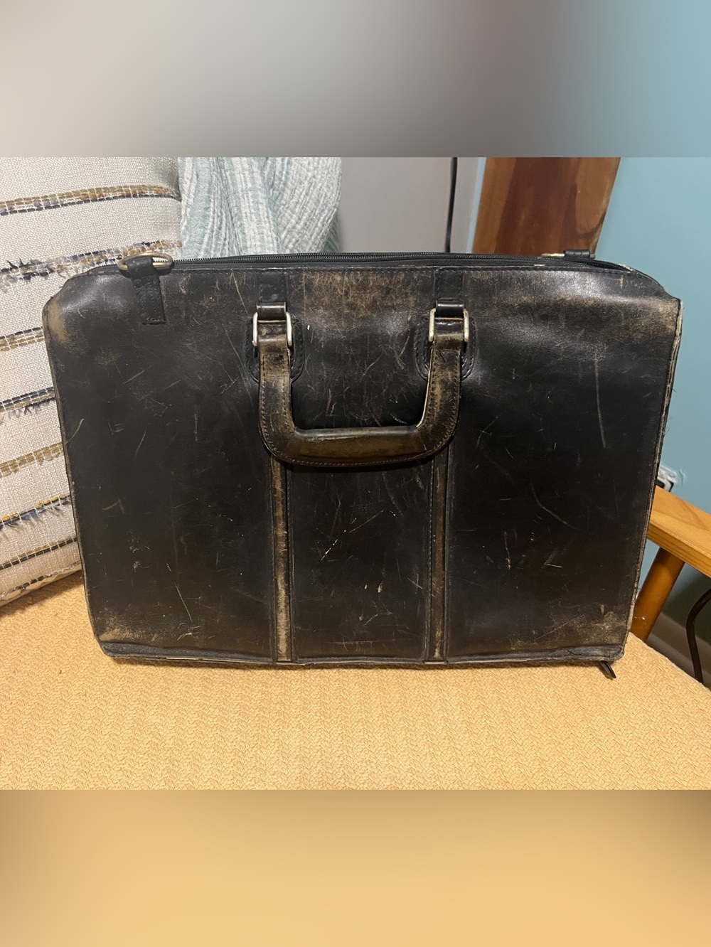 Vintage Black Leather Men’s accordion style Briefcase Organizer bag